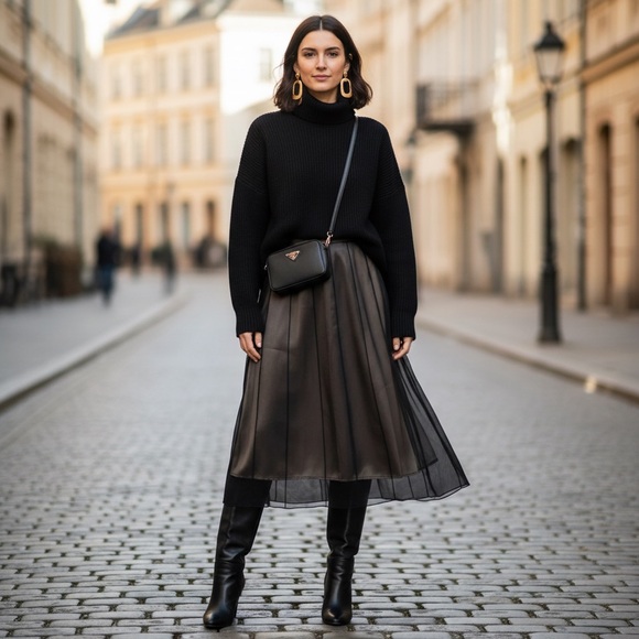 NWOT Tristan & Iseut Satin with Sheer Overlay  Midi Skirt - Picture 2 of 8